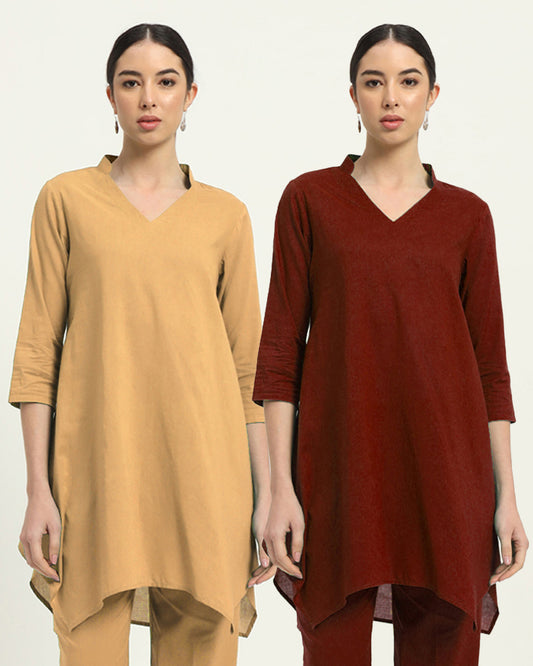 Combo: Beige & Russet Red Fresh Fusion Collar V Solid Kurta