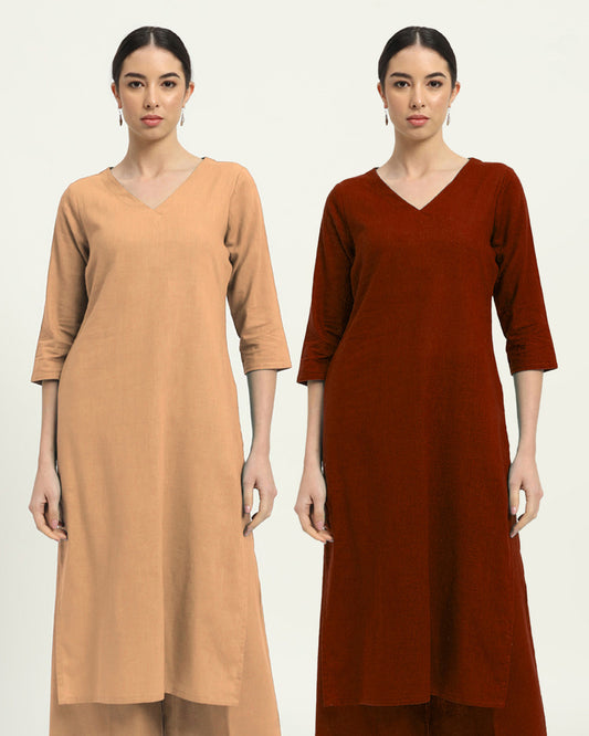 Combo: Beige & Russet Red Verve & Versatility Kurta