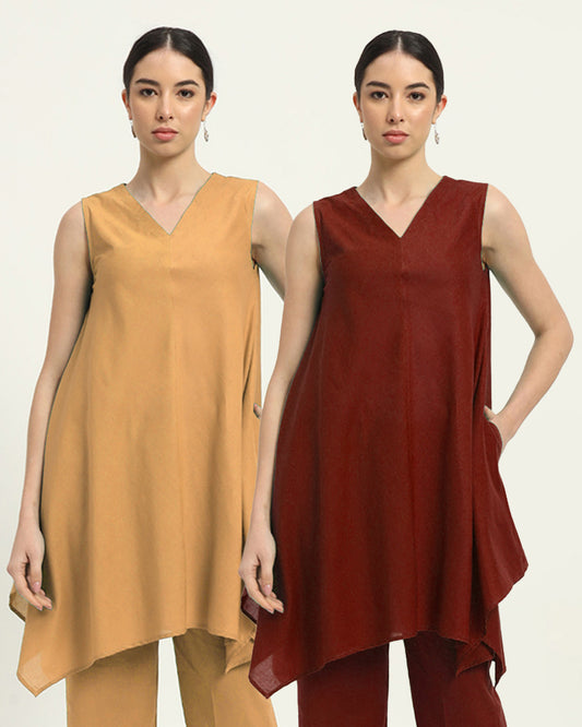 Combo: Beige & Russet Red Midsummer Dream Solid Kurta