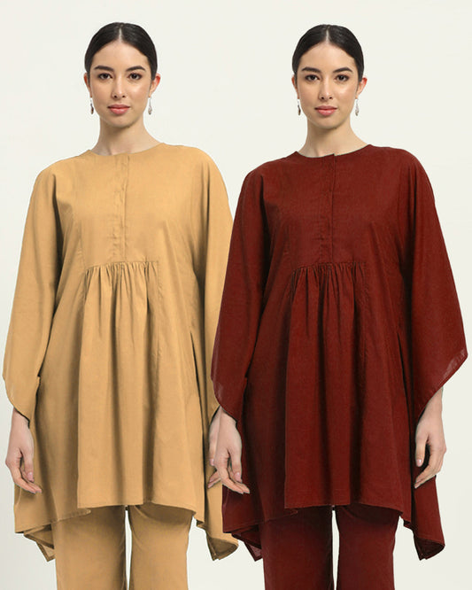 Combo: Beige & Russet Red Kaftan Karess Solid Kurta