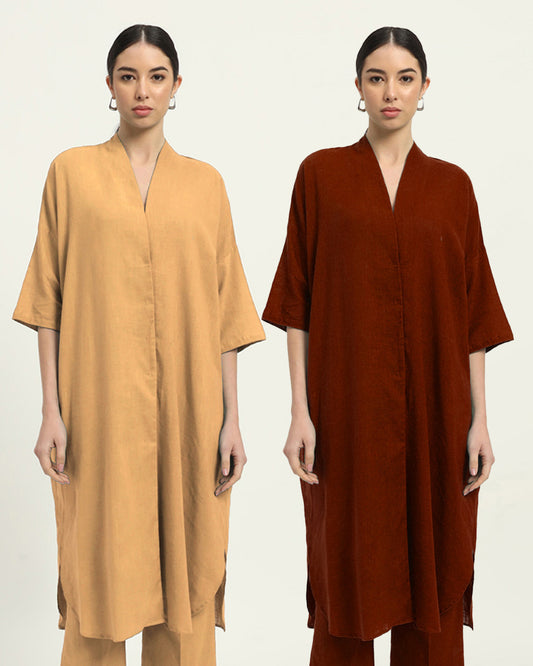 Combo: Beige & Russet Red Serene Sojourn V Neck Solid Kurta