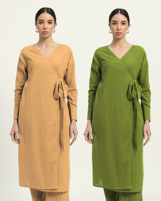 Combo: Beige & Sage Green Boho Harmony Flared Solid Kurta