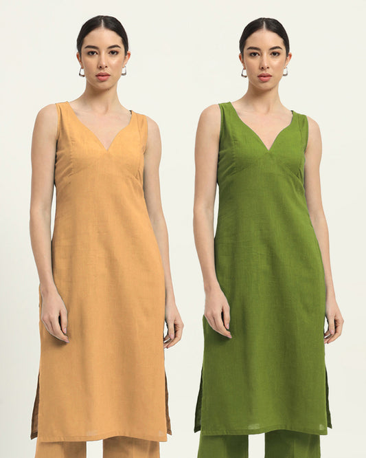 Combo: Beige & Sage Green Modern Muse Sweetheart Solid Kurta