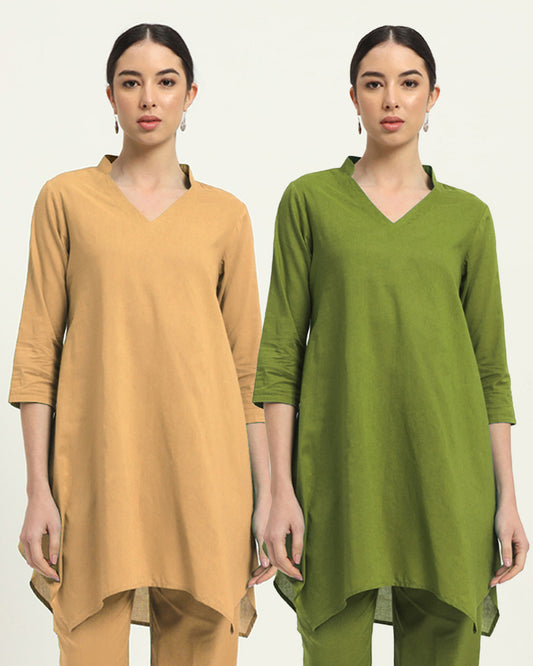 Combo: Beige & Sage Green Fresh Fusion Collar V Solid Kurta