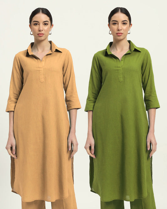 Combo: Beige & Sage Green Collar Comfort Solid Kurta