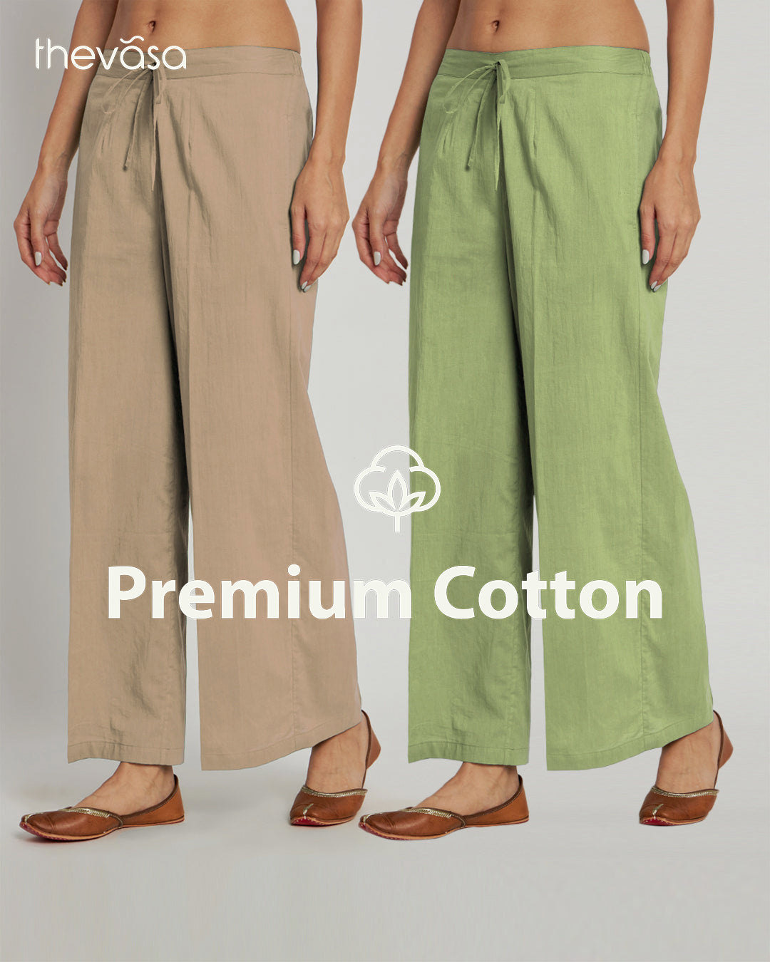 Combo: Beige & Sage Green Wide Pants- Set Of 2