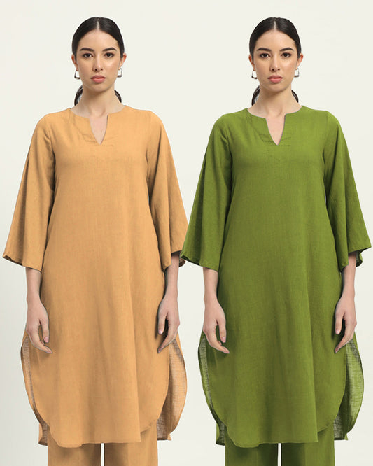 Combo: Beige & Sage Green Rounded Reverie Solid Kurta