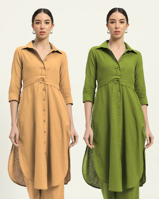 Combo: Beige & Sage Green Bellisimo Belted Solid Kurta