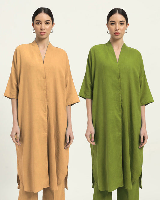 Combo: Beige & Sage Green Serene Sojourn V Neck Solid Kurta