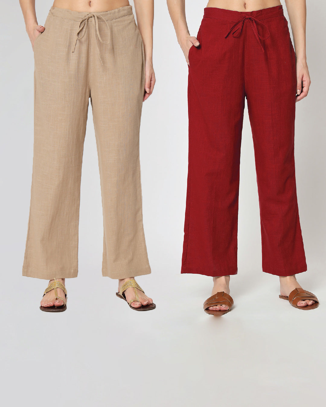 Combo: Beige & Classic Red Straight Pants- Set of 2