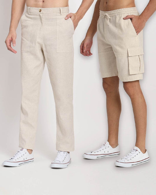 Combo : Comfy Ease & Cargo Beige Men's Pants & Shorts  - Set of 2