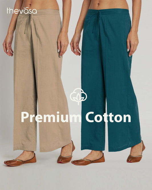 Combo: Beige & Deep Teal Wide Pants- Set Of 2