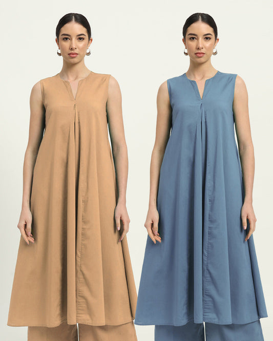 Combo: Beige & Blue Dawn Graceful Grove Kurta