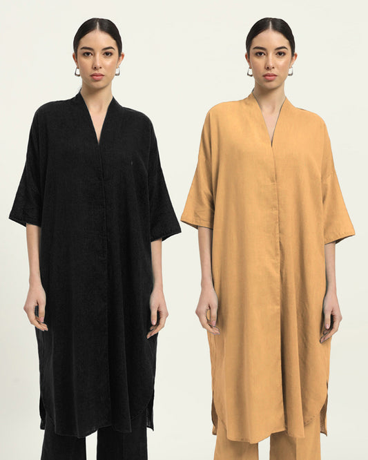 Combo: Black & Beige Serene Sojourn V Neck Solid Kurta