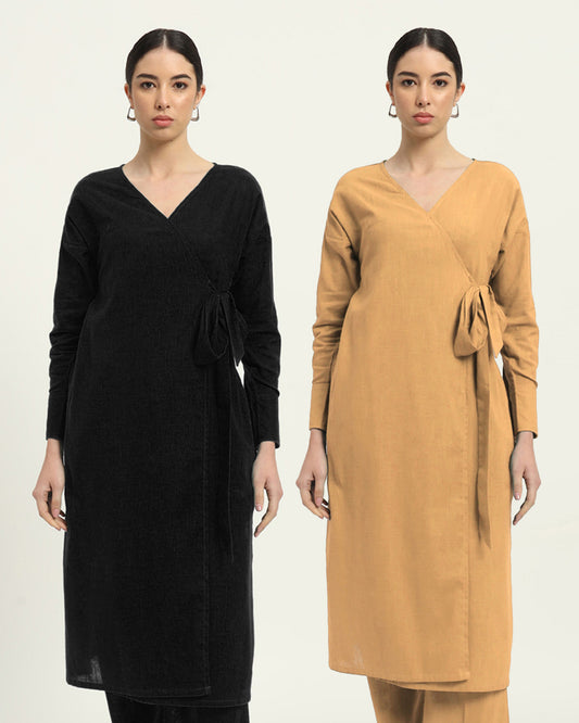 Combo: Black & Beige Ribbon Wrap Solid Kurta