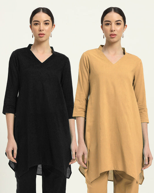 Combo: Black & Beige Fresh Fusion Collar V Solid Kurta