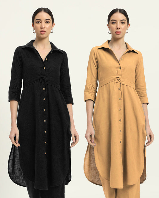 Combo: Black & Beige Bellisimo Belted Solid Kurta