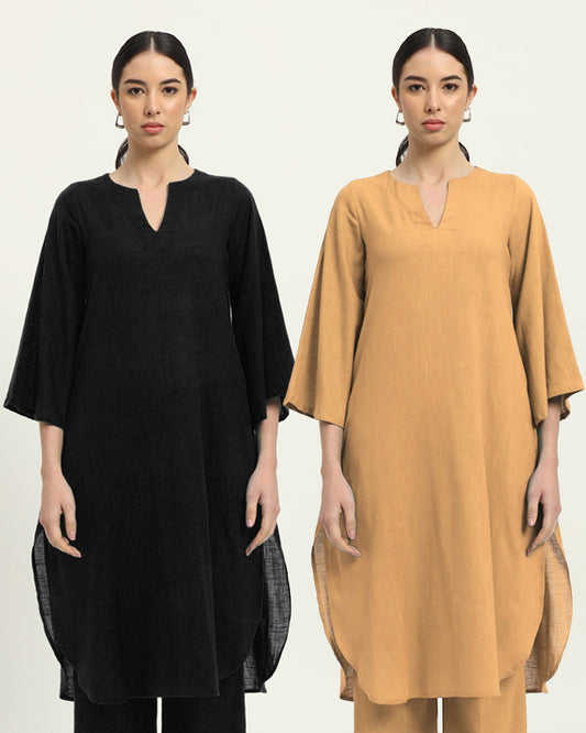 Combo: Black & Beige Rounded Reverie Solid Kurta