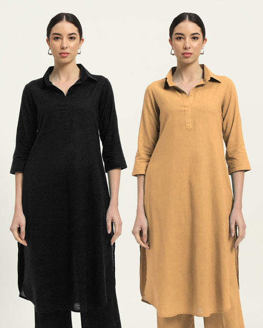 Combo: Black & Beige Collar Comfort Solid Kurta