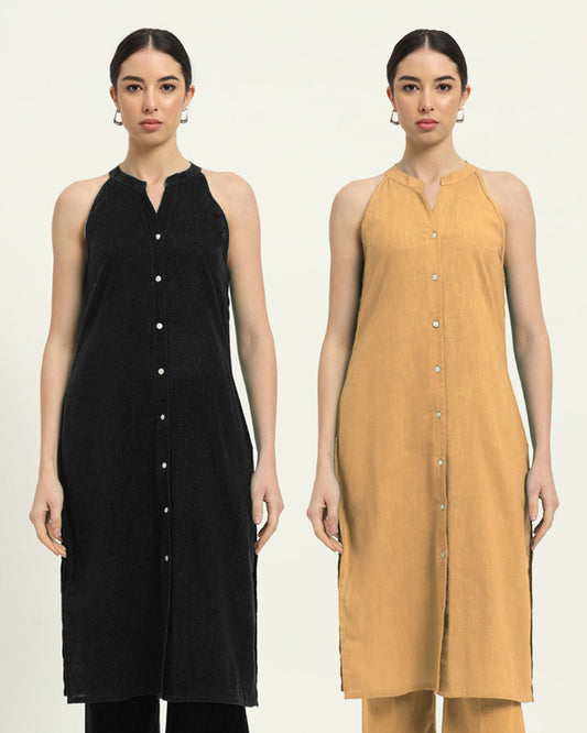 Combo: Black & Beige Mermaid Button Down Solid Kurta