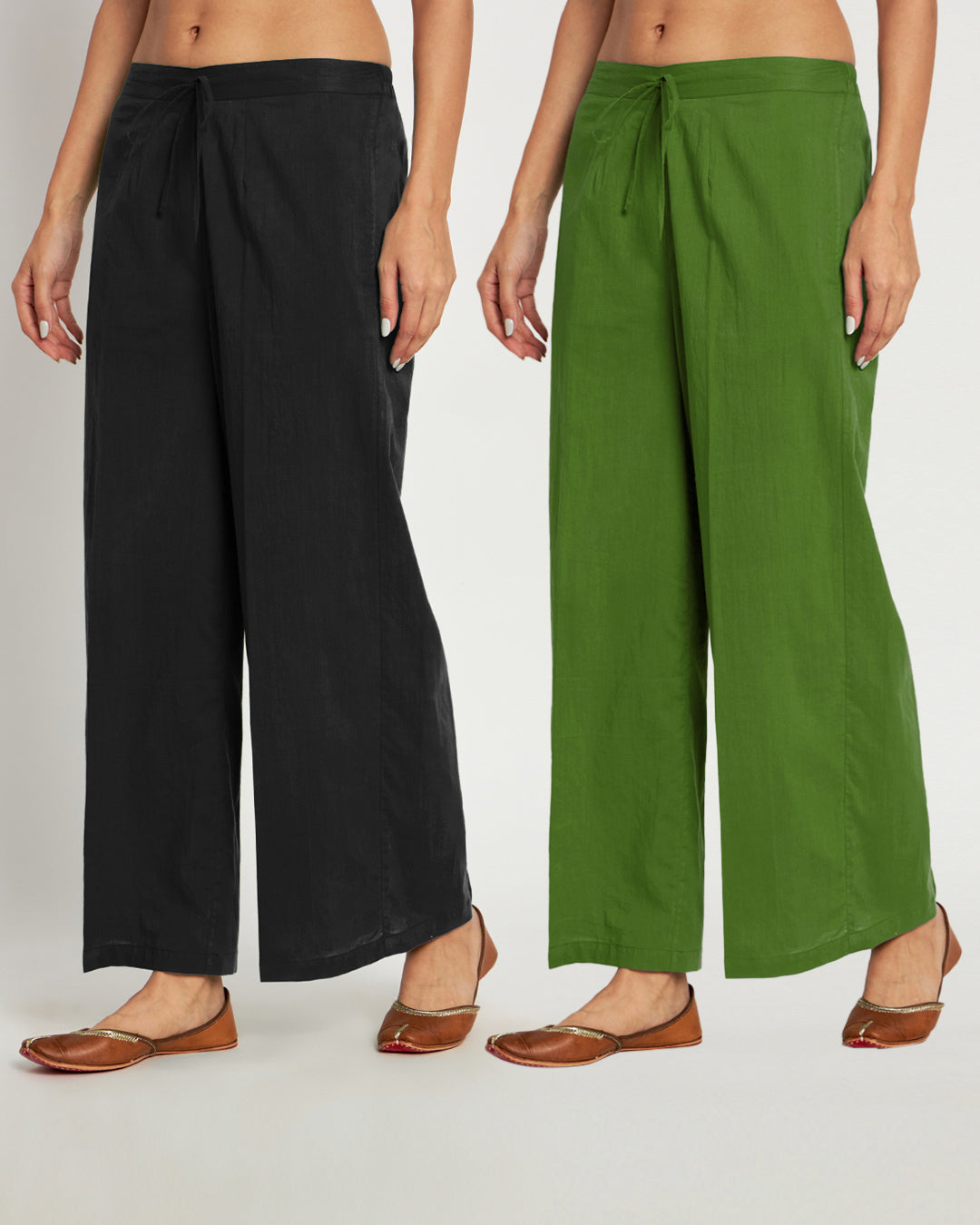 Combo: Black & Greening Spring Wide Pants- Set Of 2