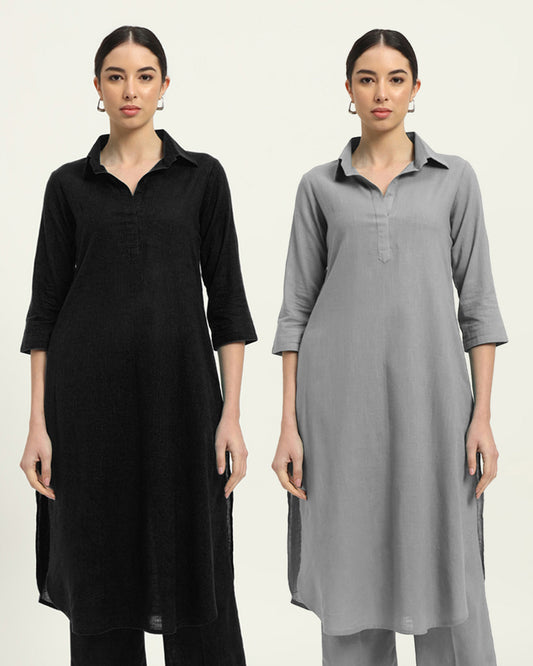 Combo: Black & Iced Grey Collar Comfort Solid Kurta