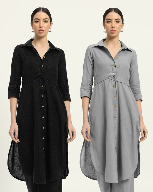 Combo: Black & Iced Grey Bellisimo Belted Solid Kurta