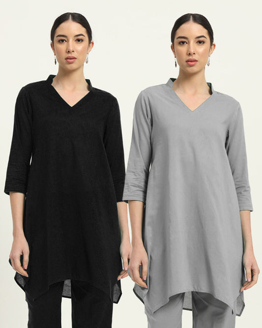 Combo: Black & Iced Grey Fresh Fusion Collar V Solid Kurta