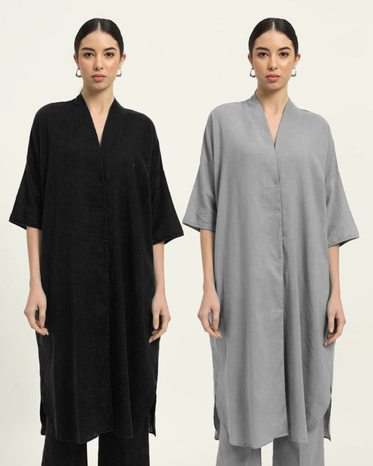 Combo: Black & Iced Grey Serene Sojourn V Neck Solid Kurta