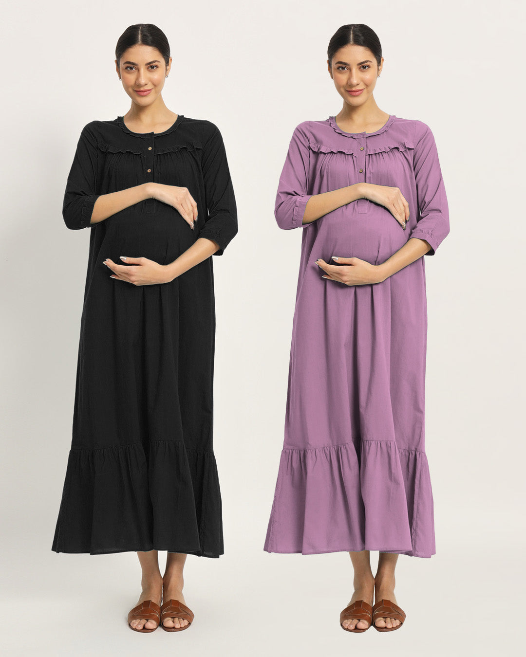 Combo: Black & Iris Pink Bella Mama Maternity & Nursing Dress-Set of 2
