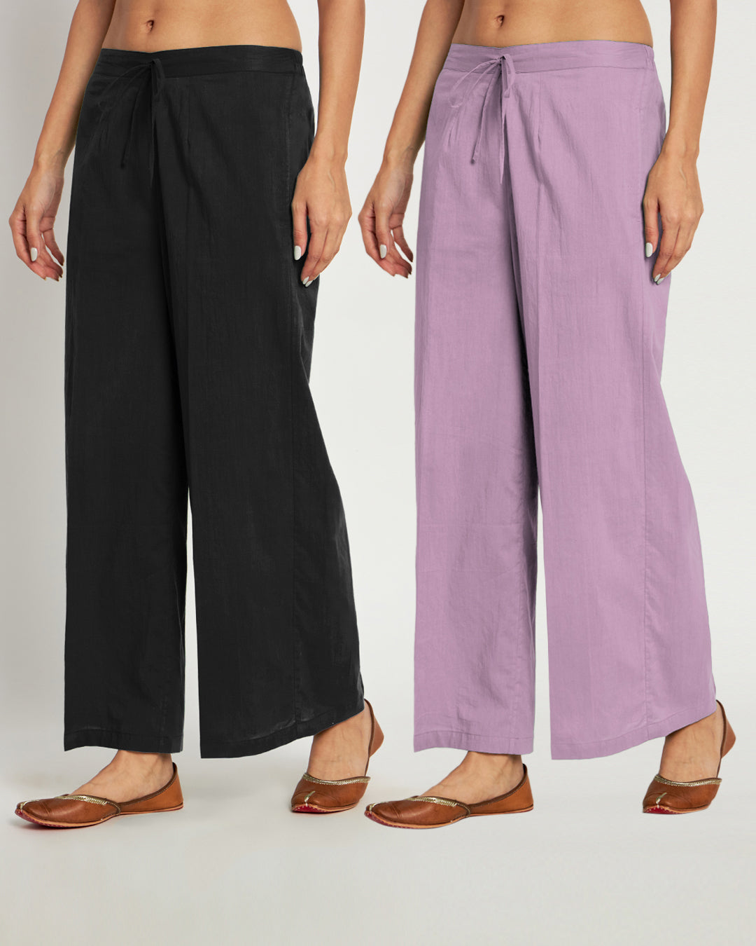 Combo: Black & Iris Pink Wide Pants- Set Of 2
