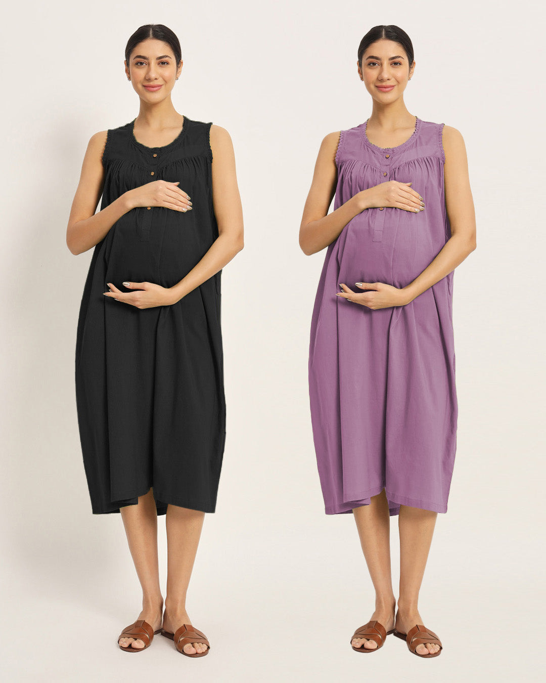 Combo: Black & Iris Pink Pregnan-Queen Maternity & Nursing Dress
