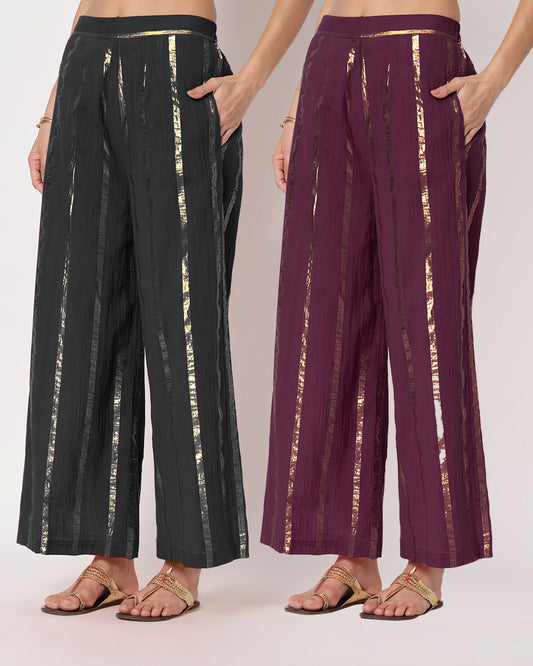 Combo: Black & Plum Passion Glisten Straight Pants- Set of 2