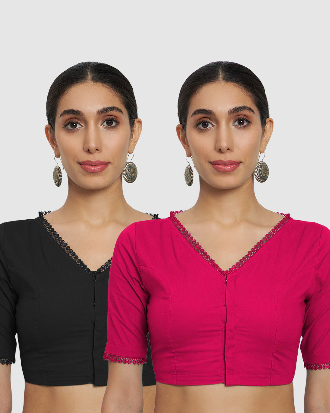 Combo: Classic Black & Queen's Gulabi V Neck Lace Medley Blouse- Set of 2