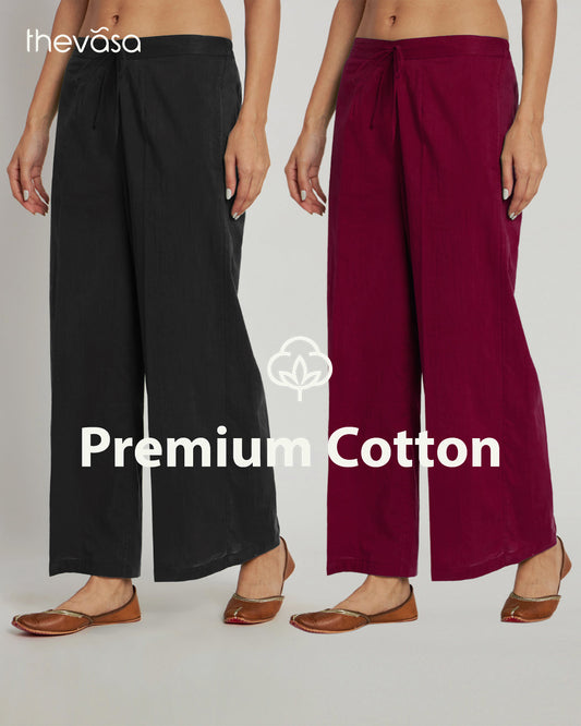 Combo: Black & Russet Red Wide Pants- Set Of 2