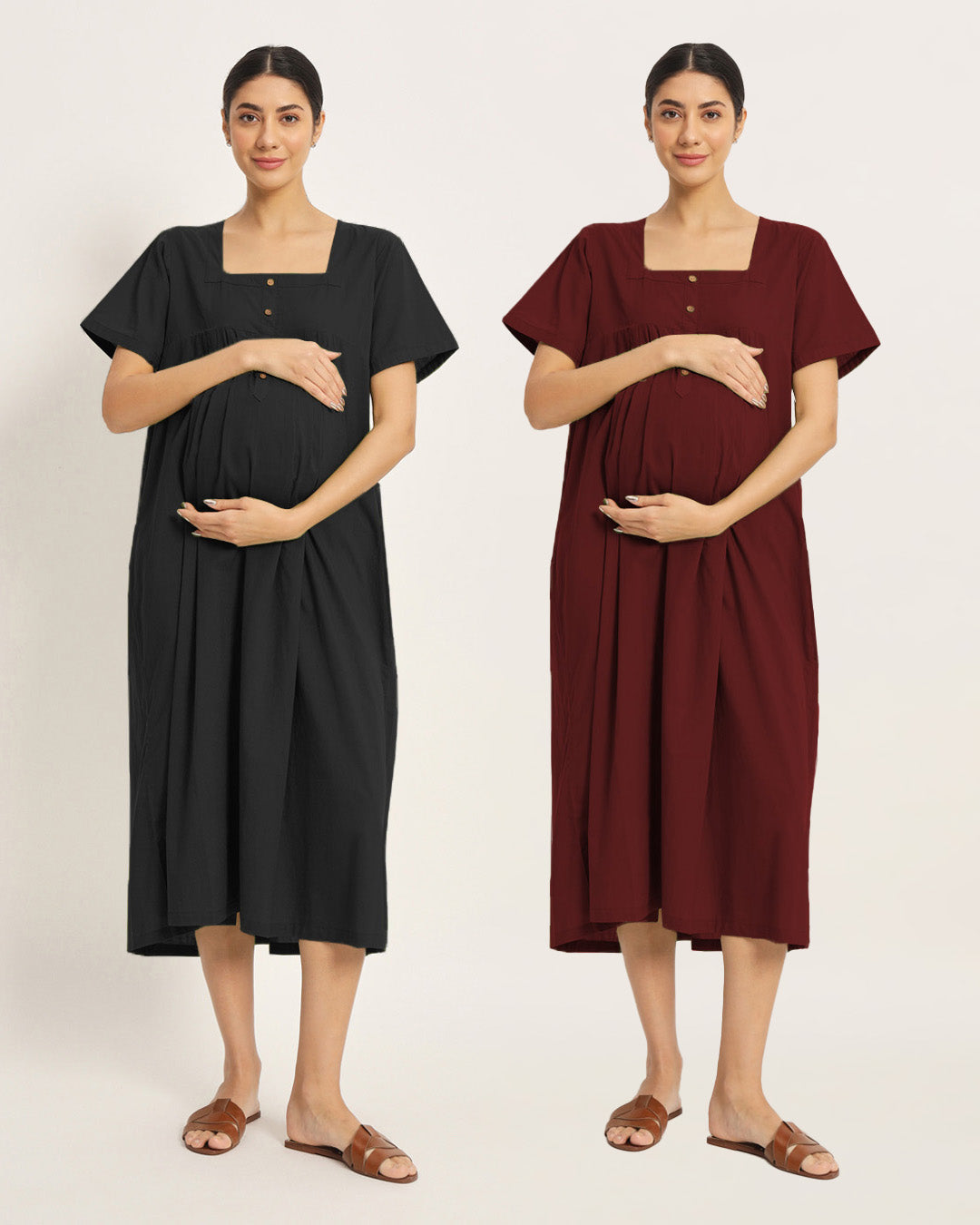 Combo: Black & Russet Red Bump Blessing Maternity & Nursing Dress - Set of 2