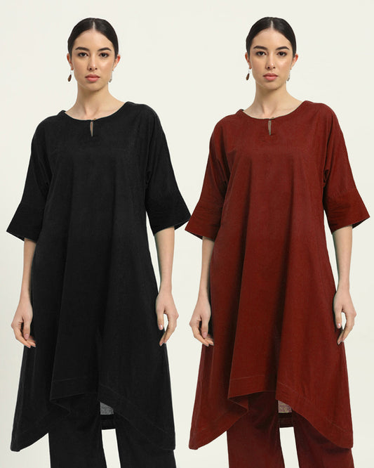 Combo: Black & Russet Red Flare & Flow Boat Neck Solid Kurta