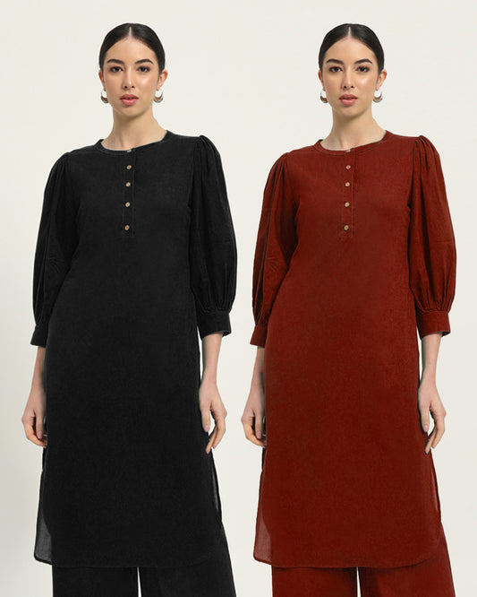 Combo: Black & Russet Red Balloon Breeze Pot Neck Solid Kurta