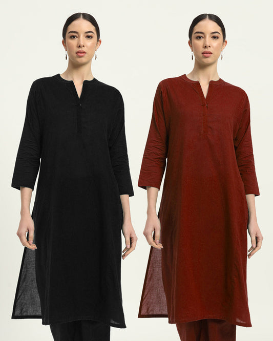 Combo: Black & Russet Red Everyday Bliss Notch Neck Solid Kurta