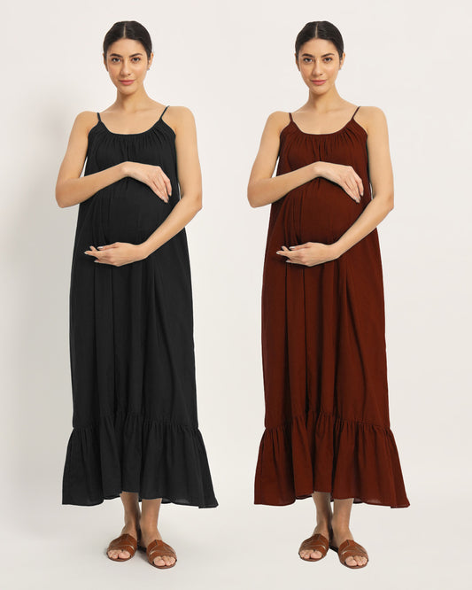 Combo: Black & Russet Red Belly Laugh Maternity & Nursing Dress - Set of 2