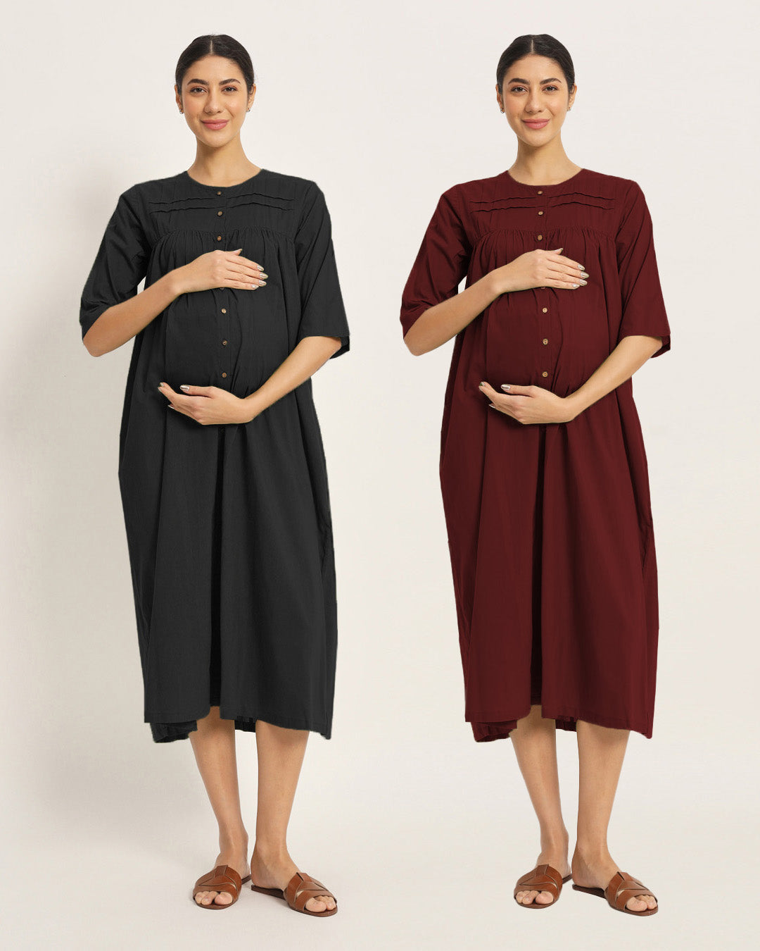 Combo: Black & Russet Red Mommy-to-Be Marvel Maternity & Nursing Dress