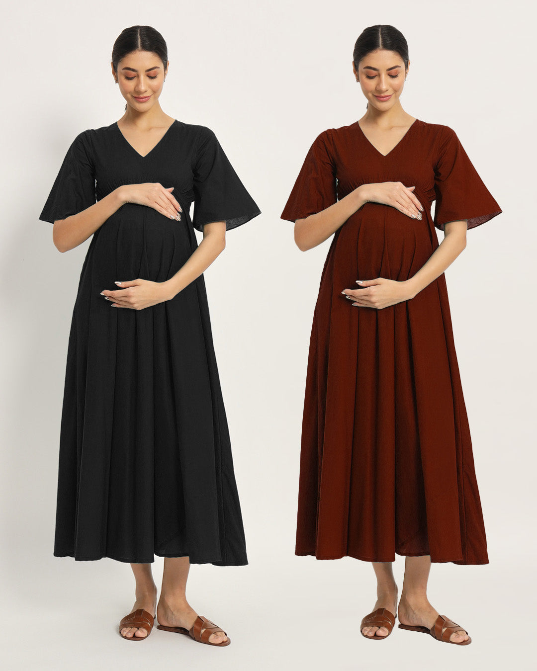 Combo: Black & Russet Red Life Bloom Maternity & Nursing Dress