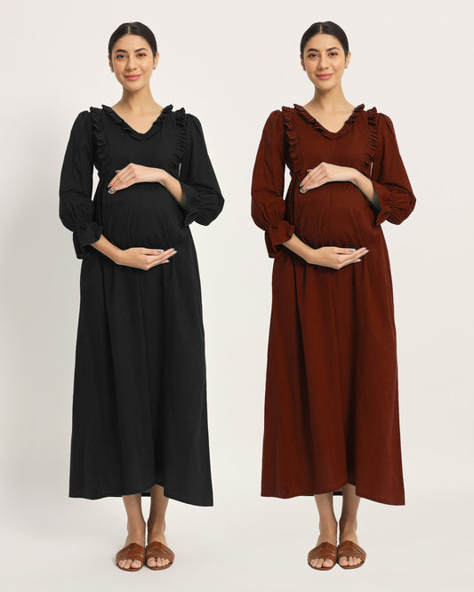 Combo: Black & Russet Red Functional Flow Maternity & Nursing Dress - Set of 2