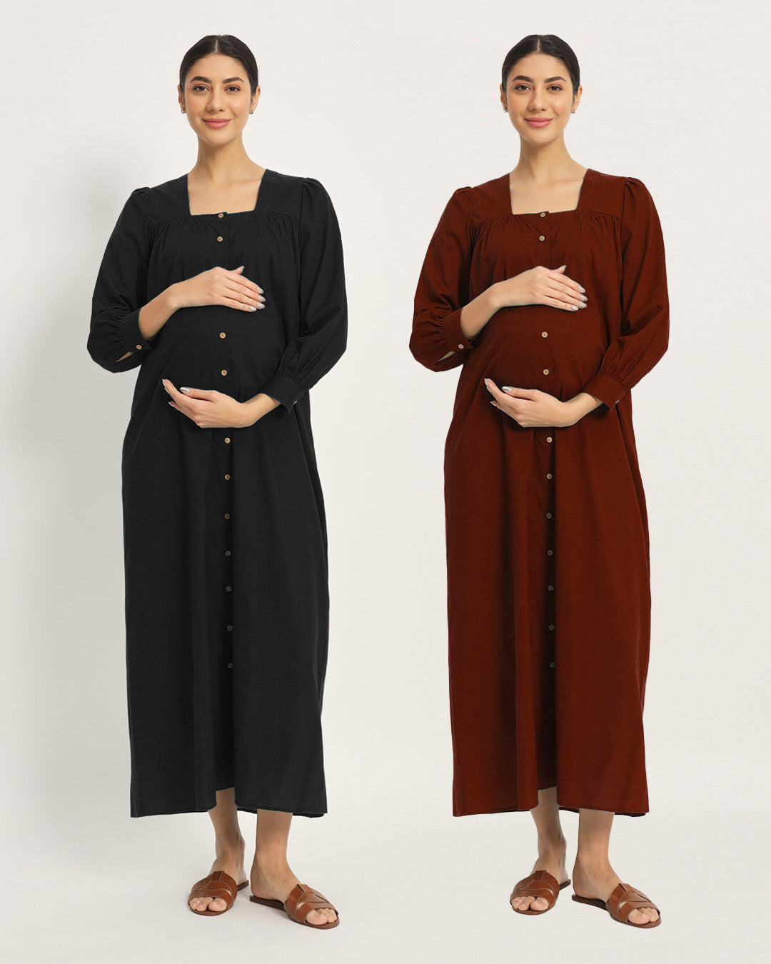 Combo: Black & Russet Red Belly Blossom Maternity & Nursing Dress-Set of 2