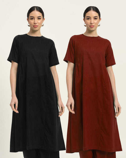 Combo: Black & Russet Red Flare Elegance Kurta