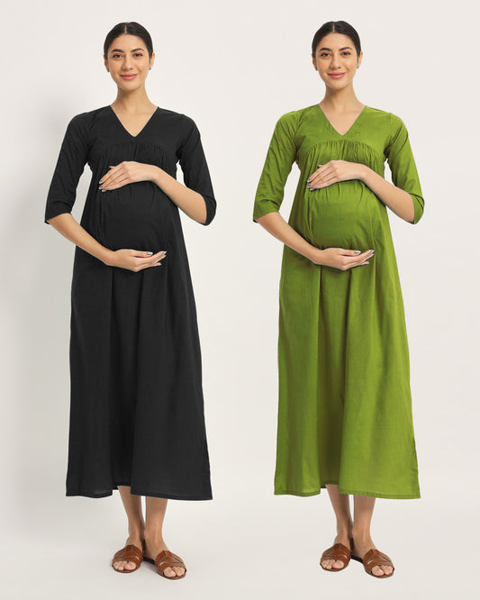 Combo: Black & Sage Green Bump Comfort Maternity & Nursing Dress - Set of 2