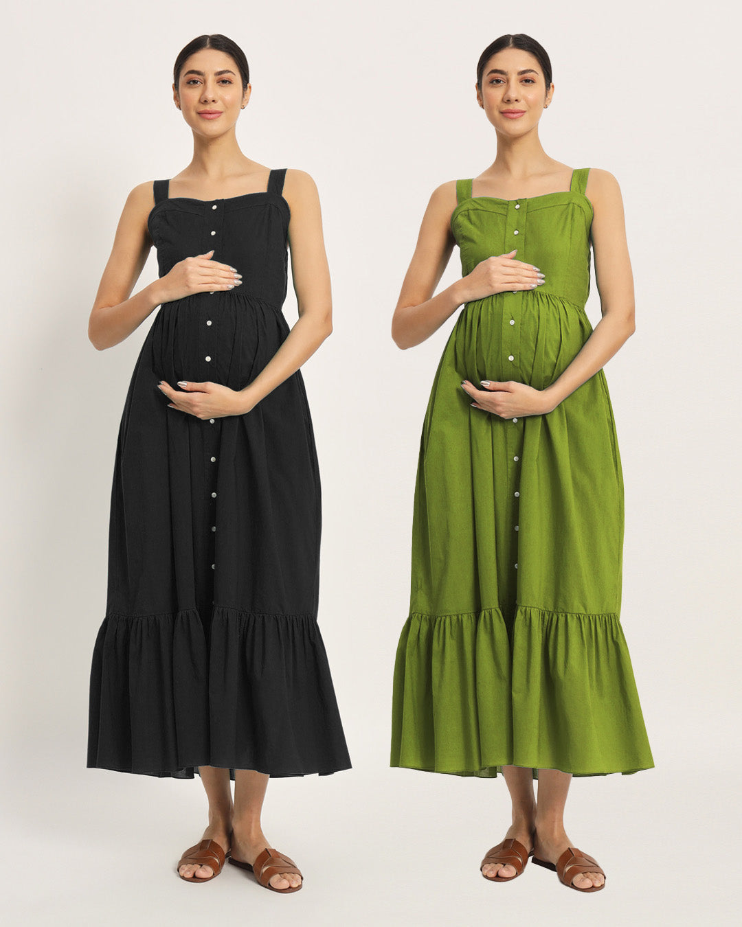 Combo: Black & Sage Green Mama Modish Maternity & Nursing Dress