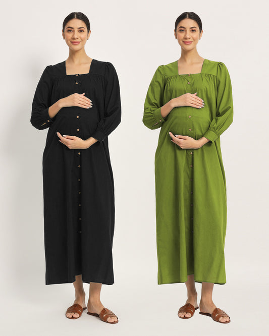 Combo: Black & Sage Green Belly Blossom Maternity & Nursing Dress-Set of 2