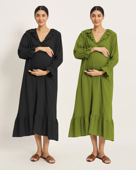 Combo: Black & Sage Green Flow Mama Maternity & Nursing Dress - Set of 2