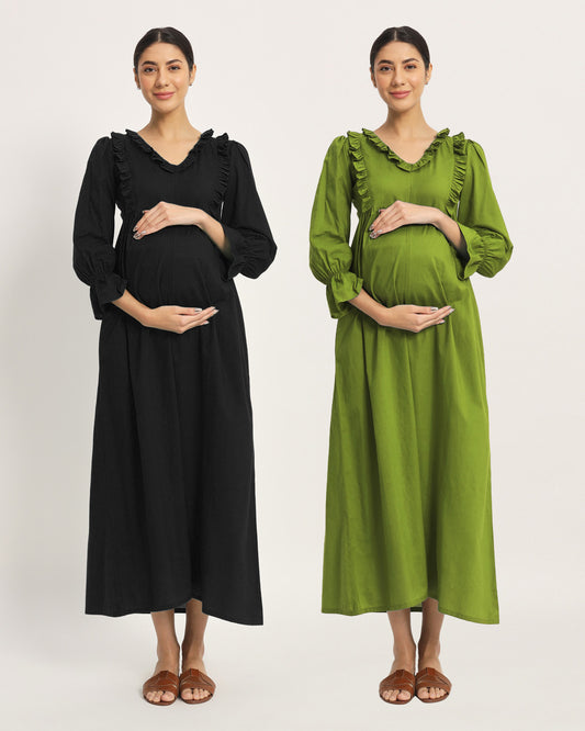Combo: Black & Sage Green Functional Flow Maternity & Nursing Dress - Set of 2